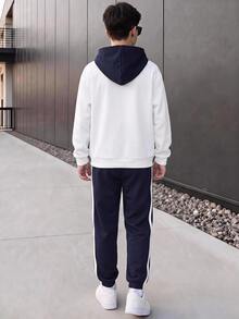 SHEIN 2件組青少年男孩休閒極簡長袖連帽衛衣舒適運動衫套裝，適合秋冬，經典復古配色拼接圖案印花，適合學校，適合返校季 - 藏蓝色 - 查看 6