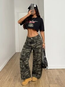 SHEIN Tall Women's Camouflage Wide Leg Loose Casual Denim Jeans With Pockets - Army Green - View 4