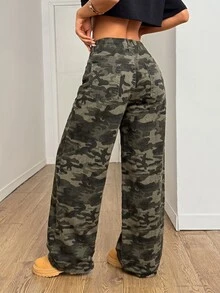 SHEIN Tall Women's Camouflage Wide Leg Loose Casual Denim Jeans With Pockets - Army Green - View 2