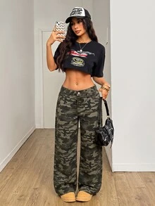 SHEIN Tall Women's Camouflage Wide Leg Loose Casual Denim Jeans With Pockets - Army Green - View 6