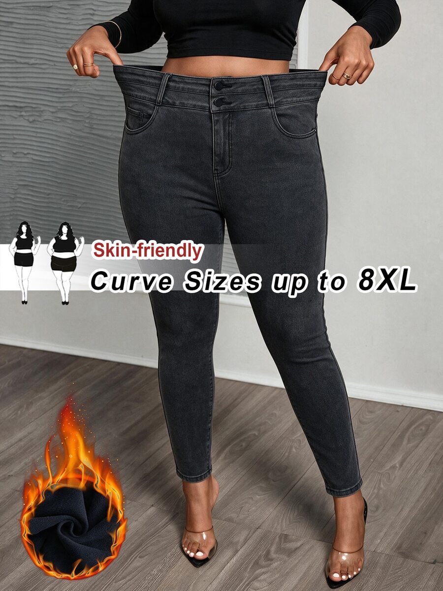 SHEIN PETITE CURVE Plus Size Women's High Waist Solid Color Skinny Jeans - Black - View 1