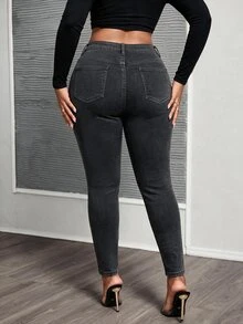 SHEIN PETITE CURVE Plus Size Women's High Waist Solid Color Skinny Jeans - Black - View 2