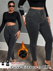 SHEIN PETITE CURVE Plus Size Women's High Waist Solid Color Skinny Jeans - Black - View 7