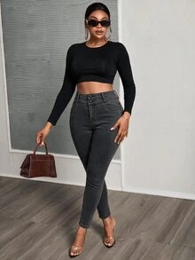 SHEIN PETITE CURVE Plus Size Women's High Waist Solid Color Skinny Jeans - Black - View 3