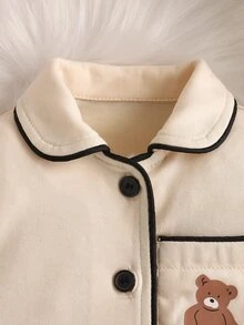 SHEIN Baby Girl Knitted Soft Comfortable Shirt Collar Jumpsuit With Bear Pattern And Snap Closure Long Sleeve Home Outfit - Apricot - View 9