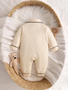 SHEIN Baby Girl Knitted Soft Comfortable Shirt Collar Jumpsuit With Bear Pattern And Snap Closure Long Sleeve Home Outfit - Apricot - View 3