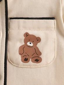 SHEIN Baby Girl Knitted Soft Comfortable Shirt Collar Jumpsuit With Bear Pattern And Snap Closure Long Sleeve Home Outfit - Apricot - View 4