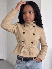 SHEIN 青少年女孩休閒街頭風翻領PU皮革短夾克，卡其色人造皮革短夾克，適合大女孩秋冬穿著 - 卡其色 - 查看 1