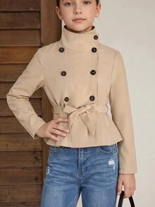 SHEIN 青少年女孩休閒街頭風翻領PU皮革短夾克，卡其色人造皮革短夾克，適合大女孩秋冬穿著 - 卡其色 - 查看 9