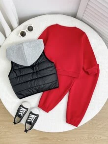 SHEIN 男嬰 3 件組 字母圖案保暖內裡套頭運動衫、運動長褲與拼接細節拉鍊連帽羽絨背心外套 - 彩色 - 查看 2