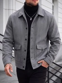 Manfinity Homme 秋冬淺灰色羊毛混紡翻領工作夾克街頭風商務休閒寬鬆直筒大尺碼辦公外套 - 灰色 - 查看 4