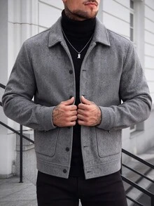 Manfinity Homme 秋冬淺灰色羊毛混紡翻領工作夾克街頭風商務休閒寬鬆直筒大尺碼辦公外套 - 灰色 - 查看 6