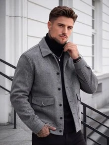 Manfinity Homme 秋冬淺灰色羊毛混紡翻領工作夾克街頭風商務休閒寬鬆直筒大尺碼辦公外套 - 灰色 - 查看 5