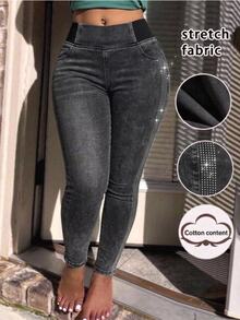 Enliva Plus Size Women's High Waist Bodycon Skinny Denim Jeans With Rhinestone Side Stripe Fall Halloween Black Pants Shiny Pants - Black - View 6