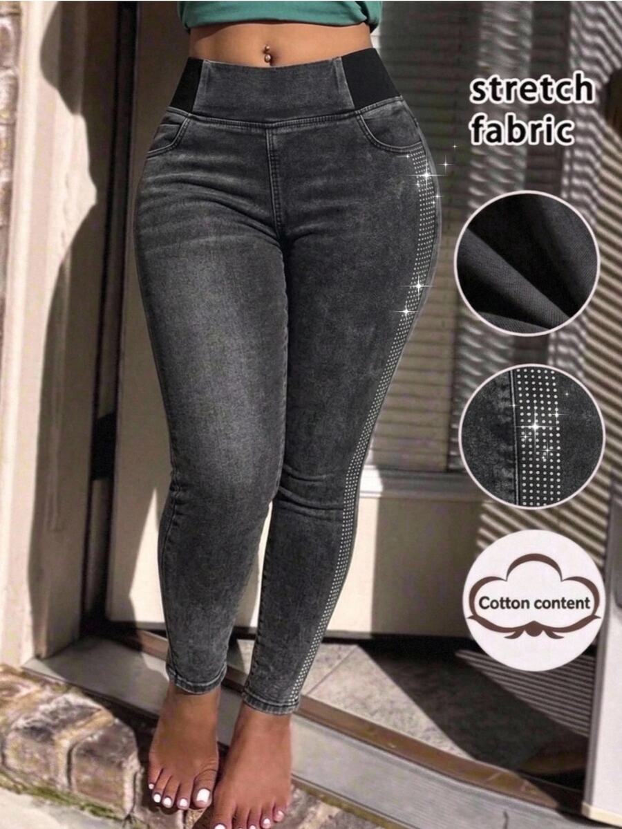 Slaydiva Plus Size Women's High Waist Bodycon Skinny Denim Jeans With Rhinestone Side Stripe Fall Halloween Black Pants Shiny Pants - Black - View 1