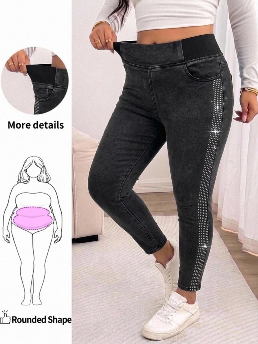 Enliva Plus Size Women's High Waist Bodycon Skinny Denim Jeans With Rhinestone Side Stripe Fall Halloween Black Pants Shiny Pants - Black - View 1