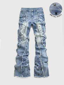 ROMWE MEN Street Life Celana Jeans Pria dengan Hiasan Rivet, Ujung Berumbai, Dicuci, dan Tampilan Usang, Dapat Dipersonalisasi - Biru - View 1