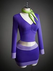 SHEIN ICON 3pcs Women's Halloween Costume Cosplay Party Purple Cartoon Colorblock Ruched Bust Crop Tee & Bodycon Skirt & Scarf - Purple - View 3