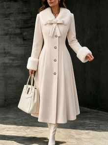Yalmera Women's Autumn/Winter Solid Color Fur Collar Long Sleeve Single-Breasted Elegant Overcoat - Apricot - View 4