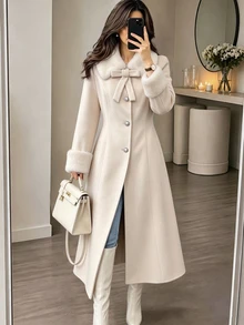 Yalmera Women's Autumn/Winter Solid Color Fur Collar Long Sleeve Single-Breasted Elegant Overcoat - Apricot - View 1