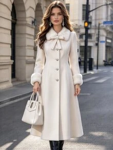Yalmera Women's Autumn/Winter Solid Color Fur Collar Long Sleeve Single-Breasted Elegant Overcoat - Apricot - View 3