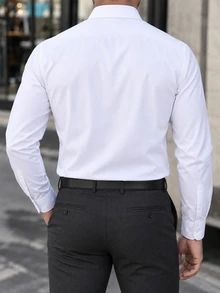 Manfinity Mode 男士商務休閒防皺面料領口百褶設計長袖襯衫，正式老錢風 - 白色 - 查看 2