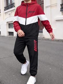 SHEIN 2件組兒童青少年男孩休閒日常舒適配色拼接連帽全開襟寬鬆長袖外套與寬鬆慢跑長褲梭織套裝 - 黑色 - 查看 3