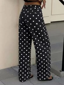 Muchica 女款休閒復古街頭風日常牛仔褲，附口袋與鈕扣，黑白波點圖案，適合旅行與秋季穿搭，百搭 - 黑色 - 查看 2