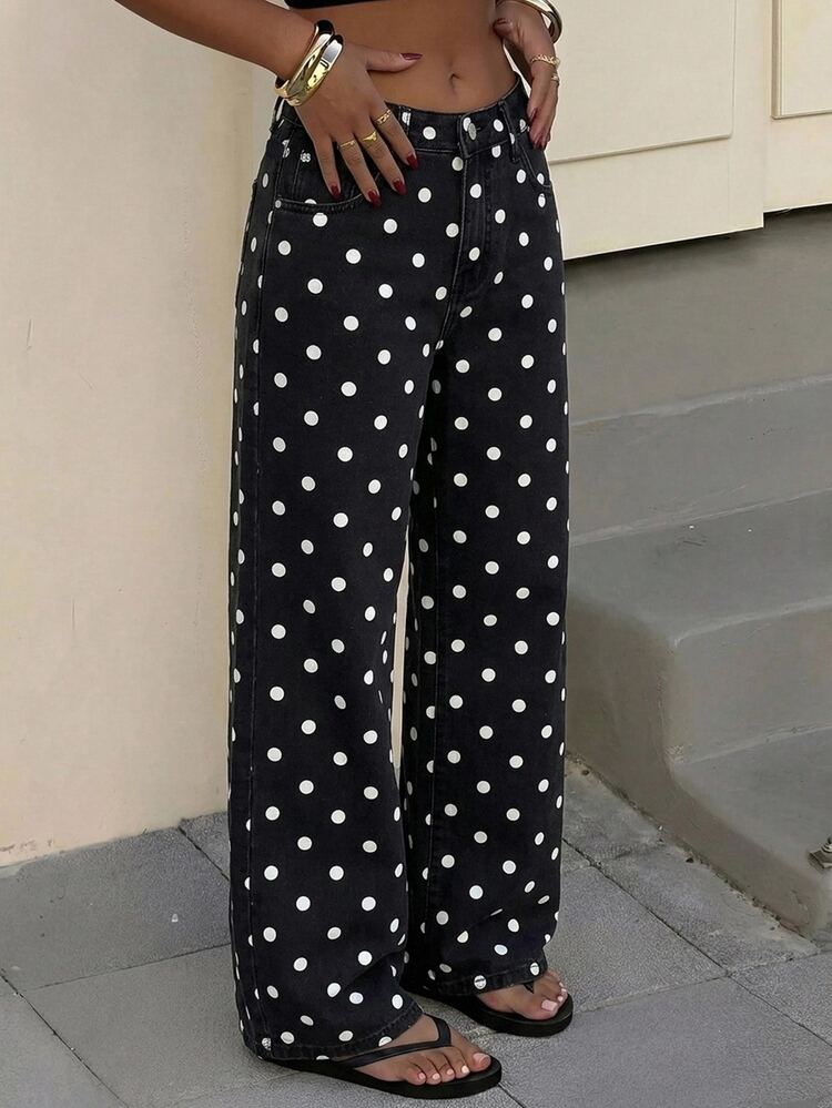 Muchica Women's Casual Retro Streetwear Everyday Denim Jeans With Pockets, Buttons And Polka Dot Pattern Traveling Black And White Polka Dot Fall, Versatile. - Black - View 4