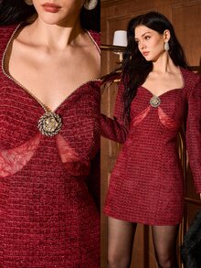MOTF PREMIUM AUTUMN/WINTER WOMEN'S LACE PATCHWORK TEXTURED SHINY YARN COLLAR RHINESTONE CHAIN LIGHT CEREMONY SHORT DRESS - Burgundy - View 8