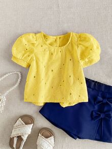 PrepCrw 1pc Young Girls' Elegant Embroidered Petal Sleeve Square Collar Blouse, Suitable For Outings, Gatherings, Festivals, Spring, Summer, Weddings - Yellow - View 2