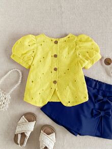 PrepCrw 1pc Young Girls' Elegant Embroidered Petal Sleeve Square Collar Blouse, Suitable For Outings, Gatherings, Festivals, Spring, Summer, Weddings - Yellow - View 3