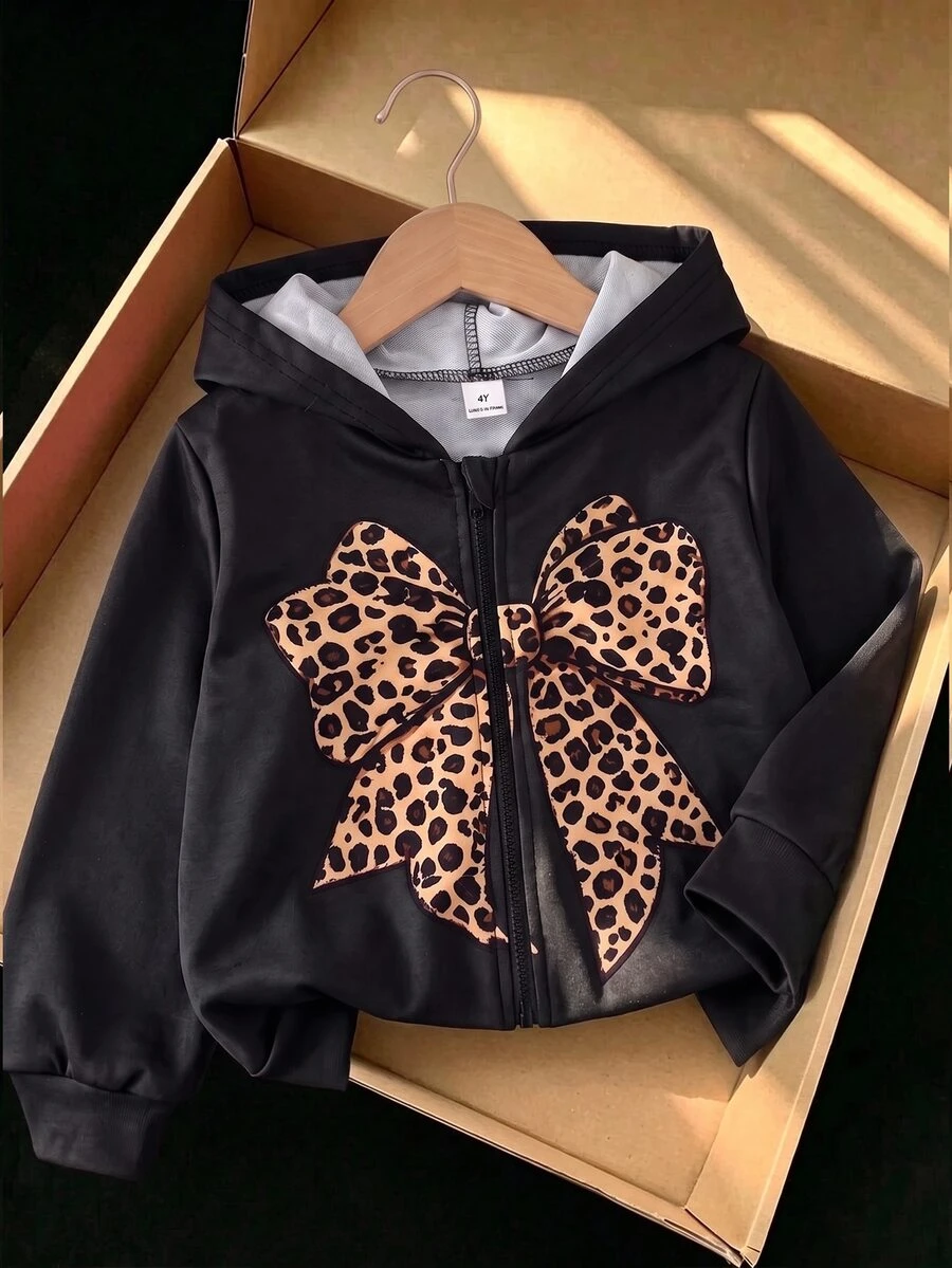 SHEIN 女童休閒豹紋蝴蝶結連帽衛衣，秋冬休閒外套