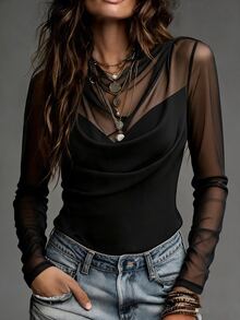 SHEIN Sexy Commuter Contrast Mesh Fitted T-Shirt For Women, Daily Office Wear, Date, Single Party - Black - View 5