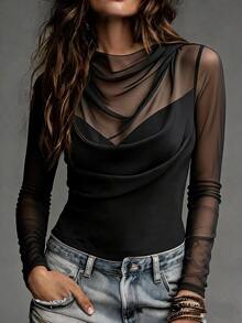 SHEIN Sexy Commuter Contrast Mesh Fitted T-Shirt For Women, Daily Office Wear, Date, Single Party - Black - View 2