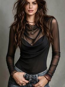 SHEIN Sexy Commuter Contrast Mesh Fitted T-Shirt For Women, Daily Office Wear, Date, Single Party - Black - View 3
