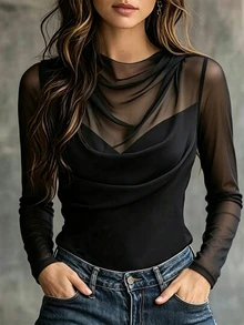 SHEIN Sexy Commuter Contrast Mesh Fitted T-Shirt For Women, Daily Office Wear, Date, Single Party - Black - View 6