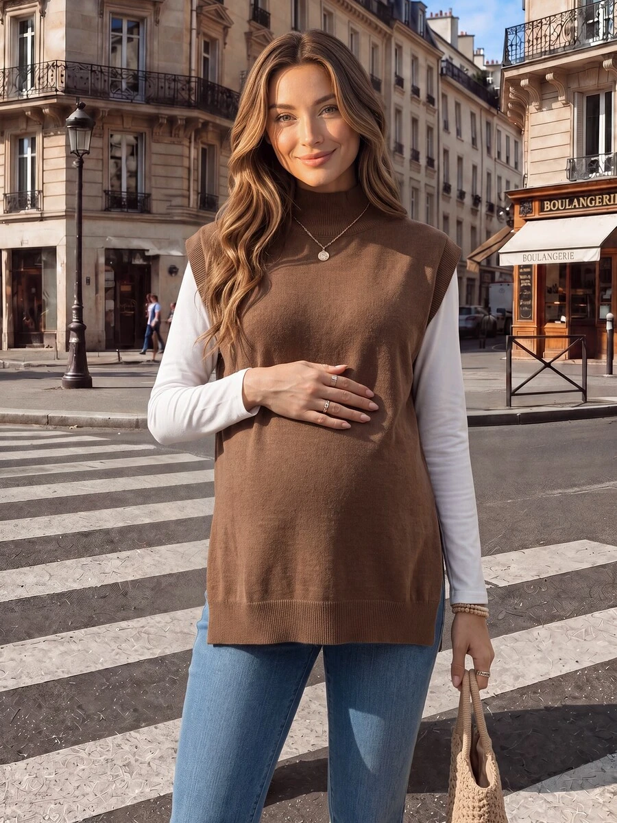 SHEIN Maternity Solid Color Casual Elegant Dressy Versatile Knit Top Side Split Design Round Neck Pullover Sweater Vest Thanksgiving Formal Brown - Brown - View 1
