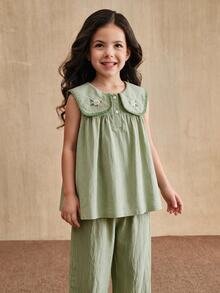 SHEIN Girls' Floral Embroidered Collared Half-Open Chest Vest Top&Solid Pants 2 Pieces Outfit,Sage Green,Summer,Tropical,Vacation Outdoor Fashion Set - Green - View 2