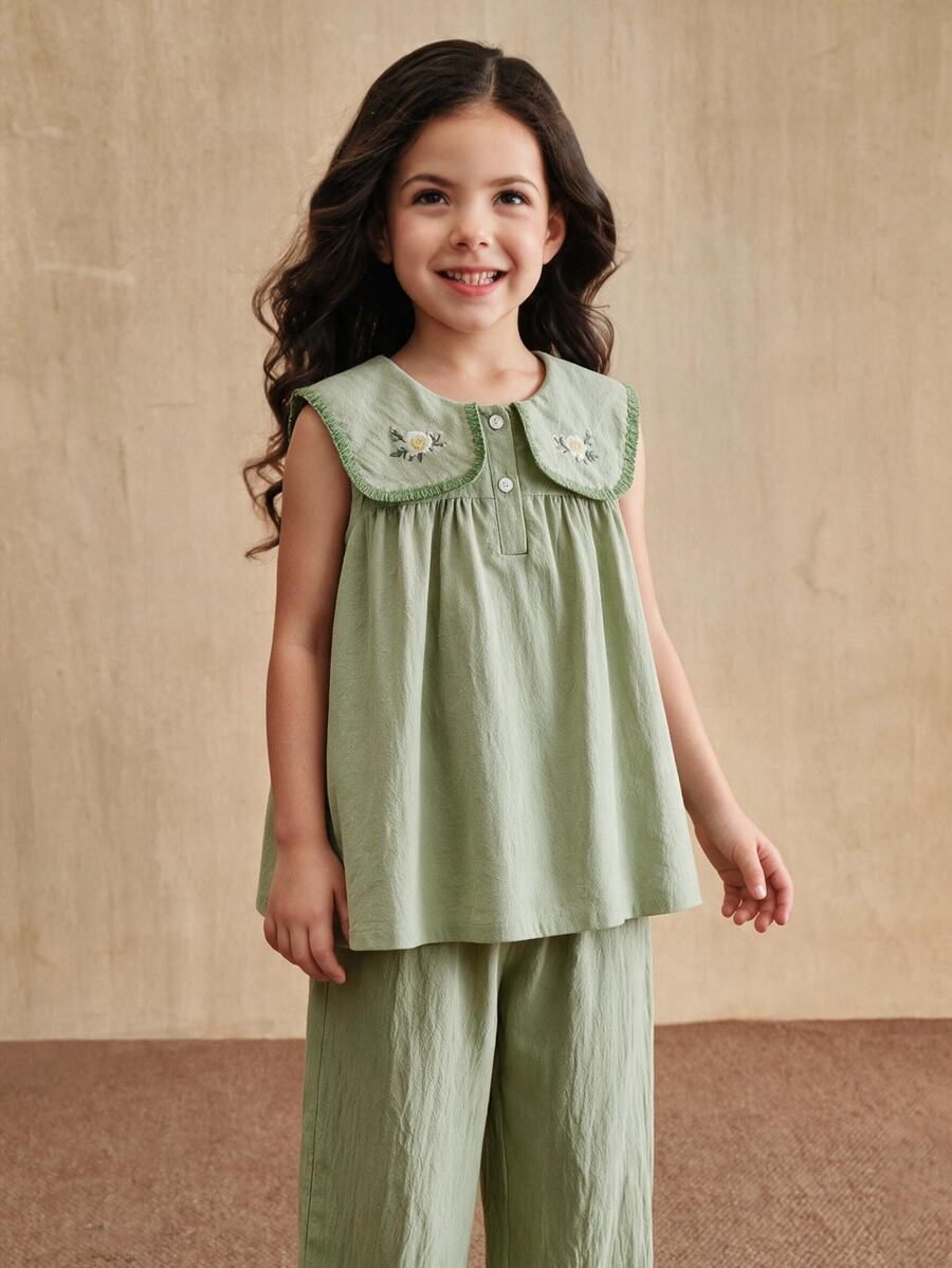 SHEIN Girls' Floral Embroidered Collared Half-Open Chest Vest Top&Solid Pants 2 Pieces Outfit,Sage Green,Summer,Tropical,Vacation Outdoor Fashion Set