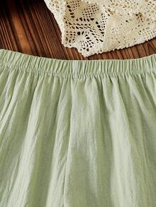 SHEIN Girls' Floral Embroidered Collared Half-Open Chest Vest Top&Solid Pants 2 Pieces Outfit,Sage Green,Summer,Tropical,Vacation Outdoor Fashion Set - Green - View 8