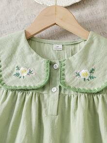 SHEIN Girls' Floral Embroidered Collared Half-Open Chest Vest Top&Solid Pants 2 Pieces Outfit,Sage Green,Summer,Tropical,Vacation Outdoor Fashion Set - Green - View 7