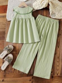 SHEIN Girls' Floral Embroidered Collared Half-Open Chest Vest Top&Solid Pants 2 Pieces Outfit,Sage Green,Summer,Tropical,Vacation Outdoor Fashion Set - Green - View 3