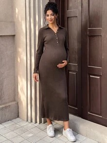 SHEIN Maternity Nursing Brown Solid Color Knit Ribbed V-Neck Button-Front Slit Dress Formal Home Wear Autumn Casual Cute Baggy Fall Thanksgiving Office - Brown - View 7
