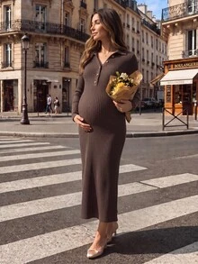 SHEIN Maternity Nursing Brown Solid Color Knit Ribbed V-Neck Button-Front Slit Dress Formal Home Wear Autumn Casual Cute Baggy Fall Thanksgiving Office - Brown - View 1