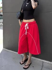 Muchica Women's Red Basketball Sweat Shorts, Loose Mid-Length Drawstring Athletic Shorts With White Contrast Piping For Sporty Casual Fall Outfits - Red - View 1
