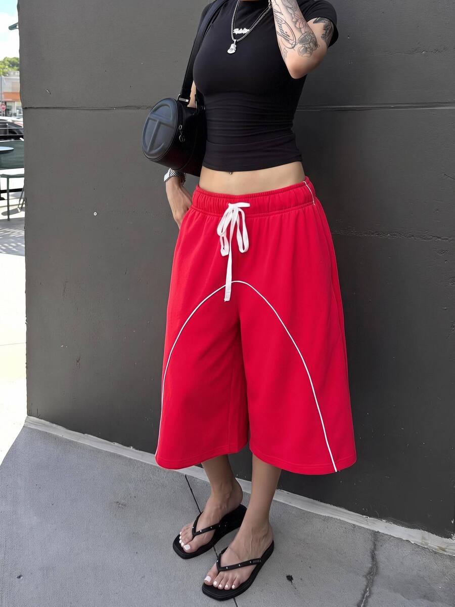 Muchica Women's Red Basketball Sweat Shorts, Loose Mid-Length Drawstring Athletic Shorts With White Contrast Piping For Sporty Casual Fall Outfits - Red - View 1