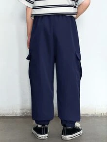 SHEIN 兒童青少年男孩大口袋3D寬鬆長褲，適合通勤、上學、日常休閒、度假 - 藍色 - 查看 4