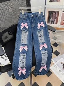 SHEIN Tween Girl Bow Front Ripped Wide Leg Jeans Fall School Holiday Blue And Pink Y2k Streetwear - Dark Wash - View 1