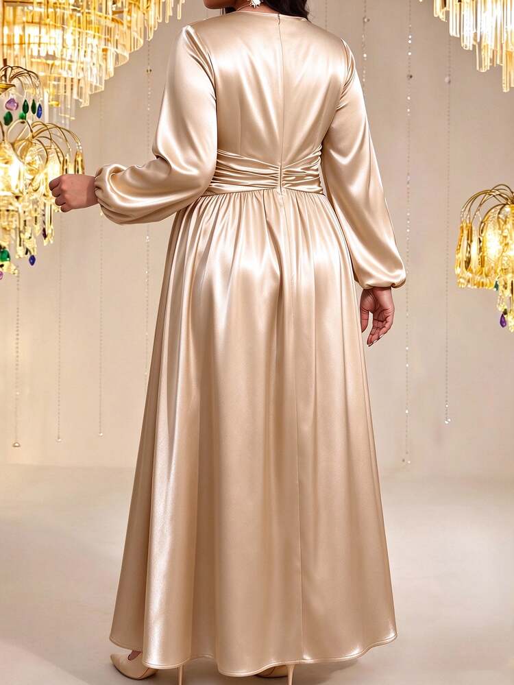 Fleurora Plus Size Women Solid Color V-Neck Lantern Sleeve Ruched Waist Elegant Dress - Apricot - View 4